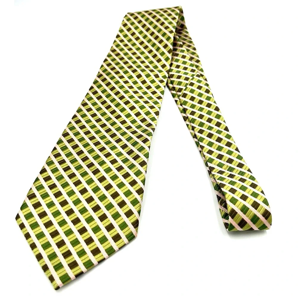 Stacy Adams Sign Gold 100% Silk Hand Made Mens Necktie Green Tonal Stripe 4W 60L